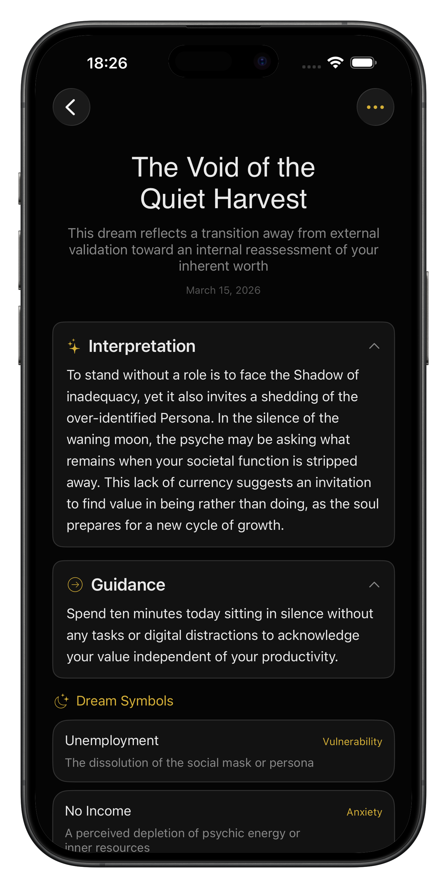 Screenshot: Dream recording and interpretation screen
