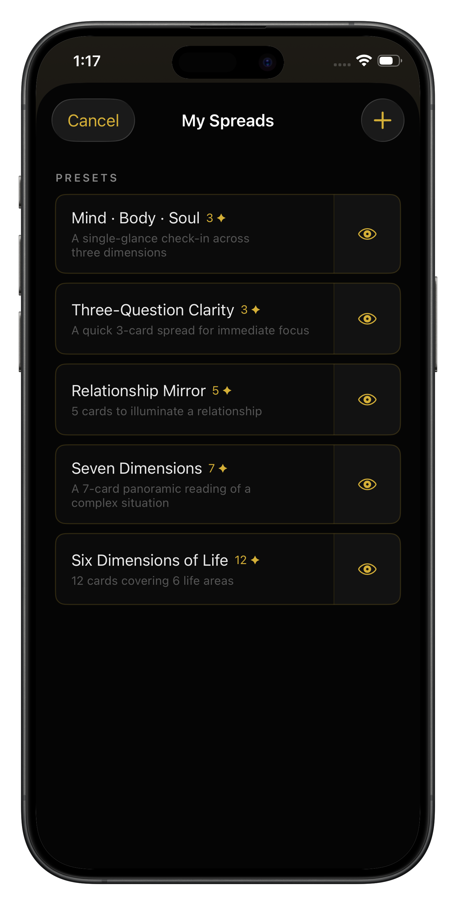 截图：我的牌阵与自定义塔罗模版界面